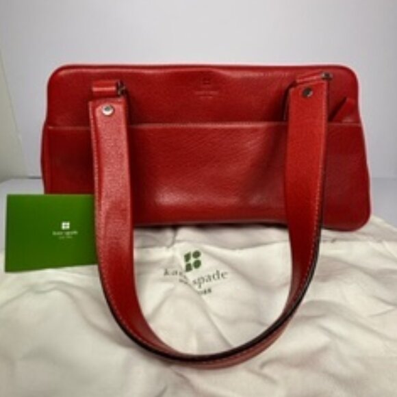 Kate Spade New York "Tomato" Red Pebbled Leather Satchel – Striped Lining